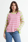 Zaket & Plover Raglan Stripe Sweater in Sherbert.  Narrow hot pink and lime stripeson Light pink in front.  Back and sleeves in broad lime and beige stripes.  Crew neck with side wrapped seams to front with slit at hem.  Long raglan sleeves.  Rib trim at neck, hem and cuff.  Relaxed fit._t_59963090633070