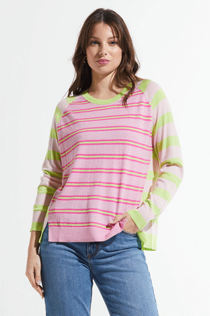 Zaket & Plover Raglan Stripe Sweater in Sherbert.  Narrow hot pink and lime stripeson Light pink in front.  Back and sleeves in broad lime and beige stripes.  Crew neck with side wrapped seams to front with slit at hem.  Long raglan sleeves.  Rib trim at neck, hem and cuff.  Relaxed fit._59963090633070