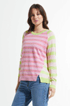Zaket & Plover Raglan Stripe Sweater in Sherbert.  Narrow hot pink and lime stripeson Light pink in front.  Back and sleeves in broad lime and beige stripes.  Crew neck with side wrapped seams to front with slit at hem.  Long raglan sleeves.  Rib trim at neck, hem and cuff.  Relaxed fit._t_59963090764142