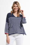 Zaket & Plover Nautical Sweater in Navy.  Navy with white stripes.  V neck with wide 3/4 sleeve and ribbed cuff.  2 front patch pockets.  Side slits.  Contrast color trim at cuff.  Relaxed fit._t_59643718336878