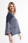 Zaket & Plover Nautical Sweater in Navy.  Navy with white stripes.  V neck with wide 3/4 sleeve and ribbed cuff.  2 front patch pockets.  Side slits.  Contrast color trim at cuff.  Relaxed fit._t_59643718369646
