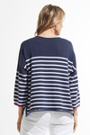 Zaket & Plover Nautical Sweater in Navy.  Navy with white stripes.  V neck with wide 3/4 sleeve and ribbed cuff.  2 front patch pockets.  Side slits.  Contrast color trim at cuff.  Relaxed fit._t_59643718435182