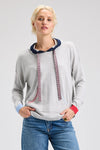 Zaket & Plover Joey Pocket Hoodie in Marled.  Heather gray pullover cotton/cashmere hoodie with contrast trim on hood and striped drawstring.  Long sleeves with contrast colored ribbed cuffs.  Front pouch pocket.  Blanket stitch trim at shoulders and pocket opening.  Curved hem with ribbing.  Relaxed fit._t_61025051869550