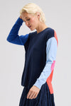 Zaket & Plover Elbow Intarsia Sweater in Denim.  Denim front, light blue left sleeve, bright blue right sleeve and coral back.  Contrast color intarsia elbow patches.  Crew neck long sleeve sweater.  Rib trim at neck, hem and cuff.  Side slits.  Relaxed fit._t_61200483418478