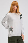 Zaket & Plover Threaded Star Sweater in Marled gray.  Boatneck dolman long sleeve knit.  2 intarsia and embroidered stars on front.  Contrast color threaded double rows of stitching down each sleeve.  Plain back.  Rib trim at neck and cuff.  Side slits.  Relaxed fit._t_61395591004526