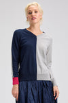 Zaket & Plover Split Sweater in Dark Denim.  Split front and sleeve color block in dark denim and heather gray.  Striped back. Raglan long sleeves with  color blocked back of sleeve.  Contrast cuff.  Rib trim.  Side slits. Relaxed fit._t_61399657808238