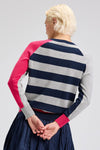 Zaket & Plover Split Sweater in Dark Denim.  Split front and sleeve color block in dark denim and heather gray.  Striped back. Raglan long sleeves with  color blocked back of sleeve.  Contrast cuff.  Rib trim.  Side slits. Relaxed fit._t_61399657906542