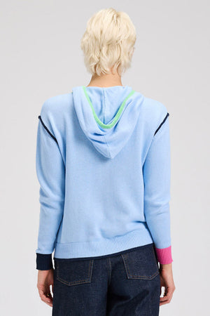 Zaket & Plover Threaded Hoodie in Sky.  Zip front hoodie with green contrast zipper placket and hoodie trim.  Blue handstitching  next to zipper placket.  Contrast color ribbed cuffs .  2 front patch pocket with rainbow striped trim.  Rib hem.  Striped trim at armhole.  Relaxed fit._61025110131054