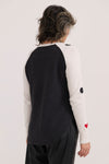 Zaket & Plover Spot the Love Sweater in White.  Black intarsia dot print on front and sleeves with red hearts.  Crew neck long raglan sleeve sweater with black piping at armhole seams.  Solid black back.  Curved hem.  Ribbed trim at neck and cuff.  Relaxed fit._t_61045824291182