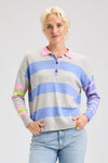 Zaket & Plover Blah Blah Rugby Sweater in Marled.  Marled gray and periwinkle stripes front and back.  Color blocked contrast stripe sleeves.  Pink polo collar with 3 button placket.  Long sleeves.  Dropped shoulders.  Stitched "Blah Blah" slogan on back.  Rib trim at cuff and hem.  Relaxed fit._t_61200746152302