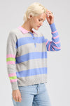 Zaket & Plover Blah Blah Rugby Sweater in Marled.  Marled gray and periwinkle stripes front and back.  Color blocked contrast stripe sleeves.  Pink polo collar with 3 button placket.  Long sleeves.  Dropped shoulders.  Stitched "Blah Blah" slogan on back.  Rib trim at cuff and hem.  Relaxed fit._t_61200746185070