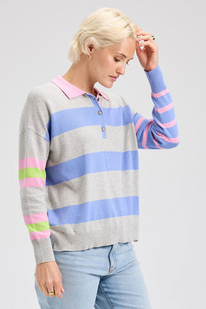 Zaket & Plover Blah Blah Rugby Sweater in Marled.  Marled gray and periwinkle stripes front and back.  Color blocked contrast stripe sleeves.  Pink polo collar with 3 button placket.  Long sleeves.  Dropped shoulders.  Stitched "Blah Blah" slogan on back.  Rib trim at cuff and hem.  Relaxed fit._61200746185070