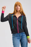 Zaket & Plover Heart Embroidered Hoodie in Charcoal.  Zip front with attached hood.  Contrast color striping on each size of placket and around hood.  Contrast drawstrings.  Long sleeve with color block cuffs. 2 front pouch pockets. Blanket stitch detail at armhole and pocket trim.  Rib trim at cuff and hem.  Embroidered concentric hearts in multi colors on back.  Relaxed fit._t_61399583818094
