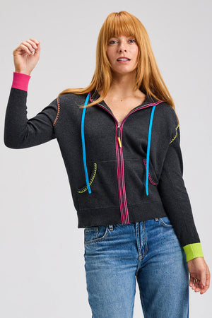 Zaket & Plover Heart Embroidered Hoodie in Charcoal.  Zip front with attached hood.  Contrast color striping on each size of placket and around hood.  Contrast drawstrings.  Long sleeve with color block cuffs. 2 front pouch pockets. Blanket stitch detail at armhole and pocket trim.  Rib trim at cuff and hem.  Embroidered concentric hearts in multi colors on back.  Relaxed fit._61399583818094