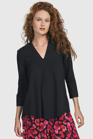 Alembika Essential V Neck Top in Black. V neck 3/4 sleeve jersey tee.  Center front seam.  Relaxed fit._34704176087240