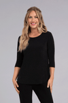 Sympli Sparkle Go To Classic T in Black Sparkle.  New sparkle fabric with flecks of metallic gold thread.  Crew neck, 3/4 sleeve top with  curved hem and side slits.  Relaxed fit._t_34515305693384