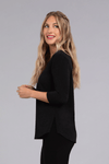 Sympli Sparkle Go To Classic T in Black Sparkle. New sparkle fabric with flecks of metallic gold thread. Crew neck, 3/4 sleeve top with curved hem and side slits. Relaxed fit._t_34515305726152
