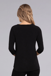 Sympli Sparkle Go To Classic T in Black Sparkle. New sparkle fabric with flecks of metallic gold thread. Crew neck, 3/4 sleeve top with curved hem and side slits. Relaxed fit._t_34515305660616