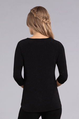 Sympli Sparkle Go To Classic T in Black Sparkle. New sparkle fabric with flecks of metallic gold thread. Crew neck, 3/4 sleeve top with curved hem and side slits. Relaxed fit._34515305660616