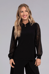 Sympli Mix Lace Twist Neck Top in Black.  Twisted mock collar with keyhole opening.  Long lace sleeves with cinched jersey cuff.  Curved hem.  Relaxed fit. _t_34510284128456
