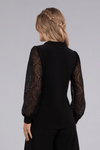 Sympli Mix Lace Twist Neck Top in Black. Twisted mock collar with keyhole opening. Long lace sleeves with cinched jersey cuff. Curved hem. Relaxed fit._t_34510284193992