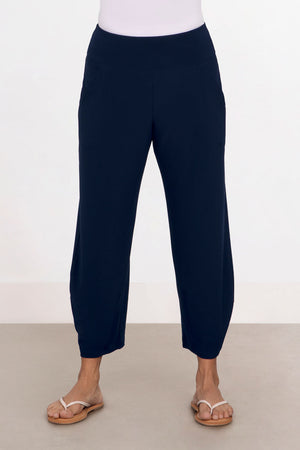 Sympli Narrow Lantern Pant in Navy. Yoke waistband and balloon leg with 2 front pockets. 25" inseam._34446720336072