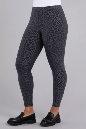 Sympli Embossed Nu Yoke Legging  in graphite animal.  Dark gray embossed leopard  print on graphite background.  Dropped waist legging.  28" inseam._34507612389576