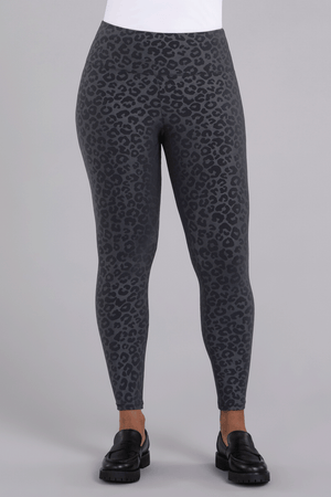 Sympli Embossed Nu Yoke Legging in graphite animal. Dark gray embossed leopard print on graphite background. Dropped waist legging. 28" inseam._34507612291272