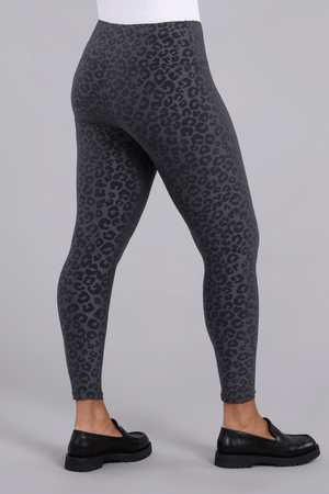 Sympli Embossed Nu Yoke Legging in graphite animal. Dark gray embossed leopard print on graphite background. Dropped waist legging. 28" inseam._34507612324040