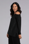 Sympli Embossed One Shoulder Top in Black Animal. Embossed leopard print on black jersey. One shoulder top with thick strap on opposite shoulder. Long sleeves. Angled hem with side slits. Relaxed fit._t_34515371884744