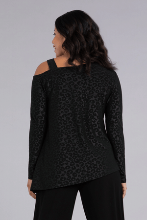 Sympli Embossed One Shoulder Top in Black Animal. Embossed leopard print on black jersey. One shoulder top with thick strap on opposite shoulder. Long sleeves. Angled hem with side slits. Relaxed fit._34515371983048