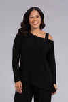 Sympli One Shoulder Top in Black.  Off the shoulder top on single side with folded collar.  Thick strap.  Long sleeves.  Angled hem with side slits. Relaxed fit._t_34343040745672