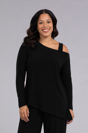 Sympli One Shoulder Top in Black.  Off the shoulder top on single side with folded collar.  Thick strap.  Long sleeves.  Angled hem with side slits. Relaxed fit._34343040745672