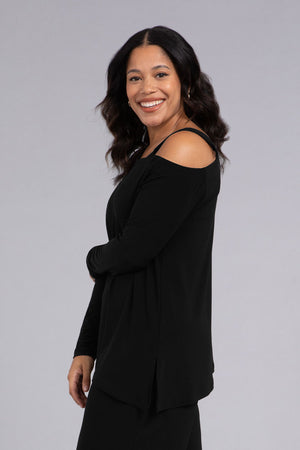 Sympli One Shoulder Top in Black. Off the shoulder top on single side with folded collar. Thick strap. Long sleeves. Angled hem with side slits. Relaxed fit._34343040712904