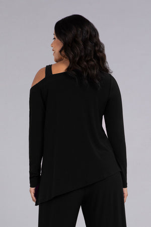 Sympli One Shoulder Top in Black. Off the shoulder top on single side with folded collar. Thick strap. Long sleeves. Angled hem with side slits. Relaxed fit._34343040680136
