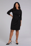 Sympli Sparkle Side Twist Dress in Black Sparkle.  Flecks of gold metallic in black jersey.  Crew neck, 3/4 sleeve dress with twist at left front.  Relaxed fit._t_34510024343752