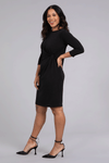 Sympli Sparkle Side Twist Dress in Black Sparkle. Flecks of gold metallic in black jersey. Crew neck, 3/4 sleeve dress with twist at left front. Relaxed fit._t_34510024245448