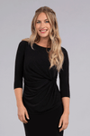 Sympli Sparkle Side Twist Top in Black Sparkle.  Flecks of gold metallic embedded in fabric.  Crew neck 3/4 sleeve top with side twist on left front.  Straight hem.  Relaxed fit._t_34507968839880