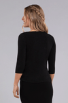 Sympli Sparkle Side Twist Top in Black Sparkle. Flecks of gold metallic embedded in fabric. Crew neck 3/4 sleeve top with side twist on left front. Straight hem. Relaxed fit._t_34507968774344