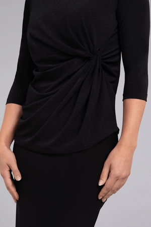 Sympli Sparkle Side Twist Top in Black Sparkle. Flecks of gold metallic embedded in fabric. Crew neck 3/4 sleeve top with side twist on left front. Straight hem. Relaxed fit._34507968905416