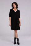 Sympli Tipped Reversible Trapeze Dress in Black.  V neck or crew neck front or back?  It's your choice!  A line relaxed fit dress with 3/4 sleeves.  Ivory contrast color tipping at neckline and cuff.  In seam pockets._t_34438205833416