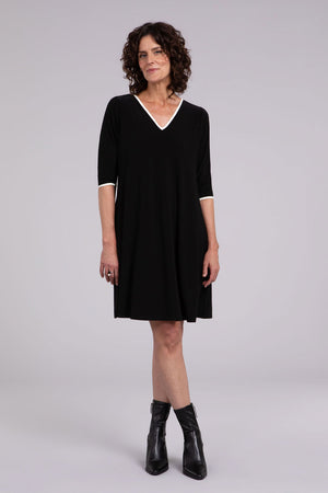 Sympli Tipped Reversible Trapeze Dress in Black.  V neck or crew neck front or back?  It's your choice!  A line relaxed fit dress with 3/4 sleeves.  Ivory contrast color tipping at neckline and cuff.  In seam pockets._34438205833416