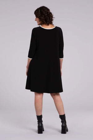 Sympli Tipped Reversible Trapeze Dress in Black. V neck or crew neck front or back? It's your choice! A line relaxed fit dress with 3/4 sleeves. Ivory contrast color tipping at neckline and cuff. In seam pockets._34438205964488
