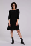 Sympli Tipped Reversible Trapeze Dress in Black. V neck or crew neck front or back? It's your choice! A line relaxed fit dress with 3/4 sleeves. Ivory contrast color tipping at neckline and cuff. In seam pockets._t_34438205866184