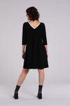 Sympli Tipped Reversible Trapeze Dress in Black. V neck or crew neck front or back? It's your choice! A line relaxed fit dress with 3/4 sleeves. Ivory contrast color tipping at neckline and cuff. In seam pockets._t_34438205931720
