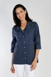 Cali Girls Boxy Half and Half Blouse in Navy/Black stripes. Convertible collar button down with 3/4 sleeve and split cuff. Subtle tone on tone print. Blouse is split in half at waist with print running bi-directionally. High low hem. Side slits.Relaxed fit._t_34092496486600