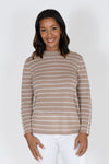 Ten Oh 8 Linen Stripe Sweater with Button Trim in Mushroom with white stripes.. Crew neck long sleeve sweater with roll edge neckline and hem. White button placket on lower sleeve with 9 mushroom-colored buttons. Relaxed fit._t_33948785049800