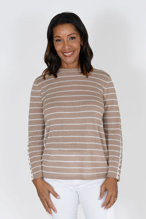 Ten Oh 8 Linen Stripe Sweater with Button Trim in Mushroom with white stripes.. Crew neck long sleeve sweater with roll edge neckline and hem. White button placket on lower sleeve with 9 mushroom-colored buttons. Relaxed fit._33948785049800