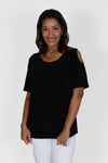 O.U.R.S. Cold Shoulder Top in Black.  Crew neck short sleeve top with cut out shoulderts.  Curved hem.  Relaxed fit._t_33951254741192