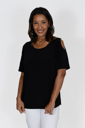 O.U.R.S. Cold Shoulder Top in Black.  Crew neck short sleeve top with cut out shoulderts.  Curved hem.  Relaxed fit._33951254741192